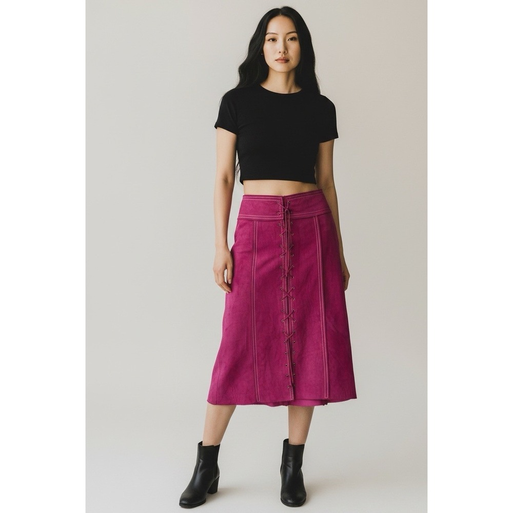 Vintage Knits By Don Magenta Suede Leather Lace-up Skirt MOD 60s OOAK Amazing!